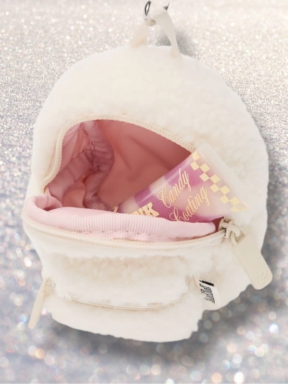 PINK Victoria's Secret Cream Shearling Mini Backpack Keychain NWT